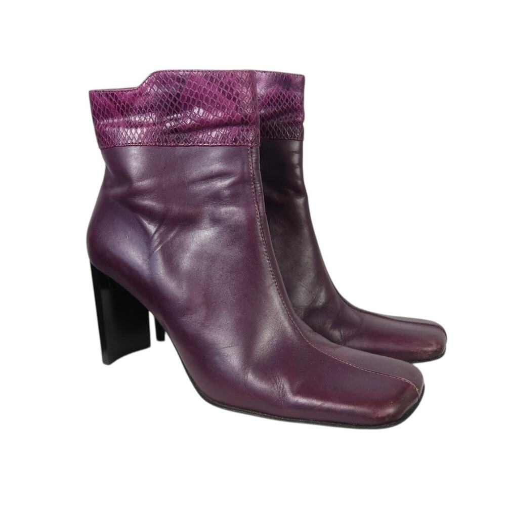 Vintage 90s Hillard & Hanson Purple Leather Square Toe Ankle Boots 8